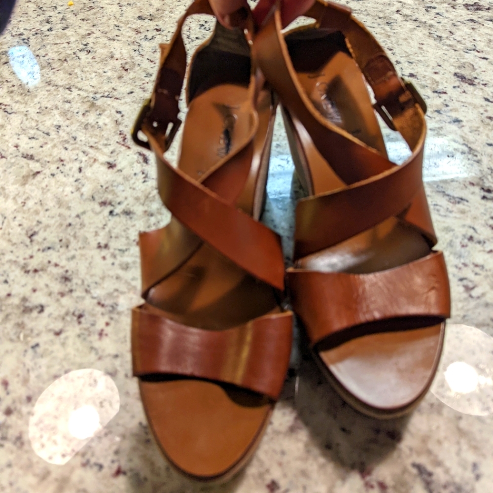 J. Crew Strapy Brown Leather Wedge Sandal Sz 7
